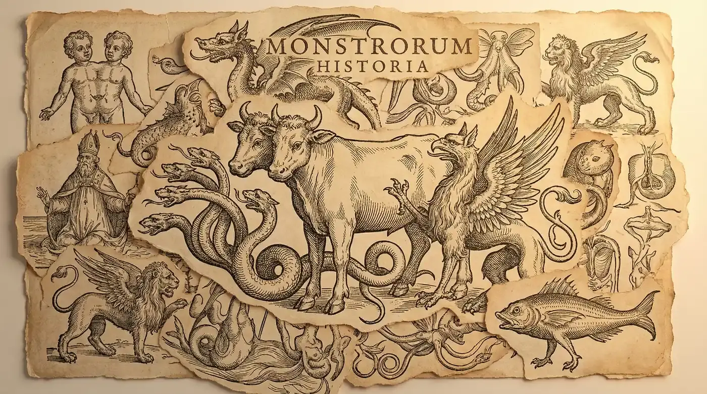 Collage of woodcut illustrations from Monstrorum Historia